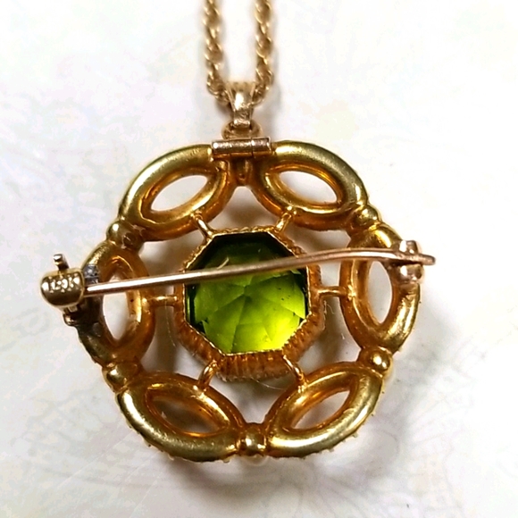 Vintage 14k Gold Cultured Pearl and Peridot Pendant Brooch Combo Necklace - Picture 5 of 16